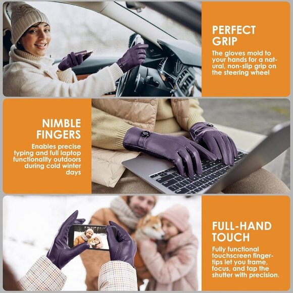 Women\'s Winter Leather Gloves Texting Warm Driving Lambskin Gloves Purple